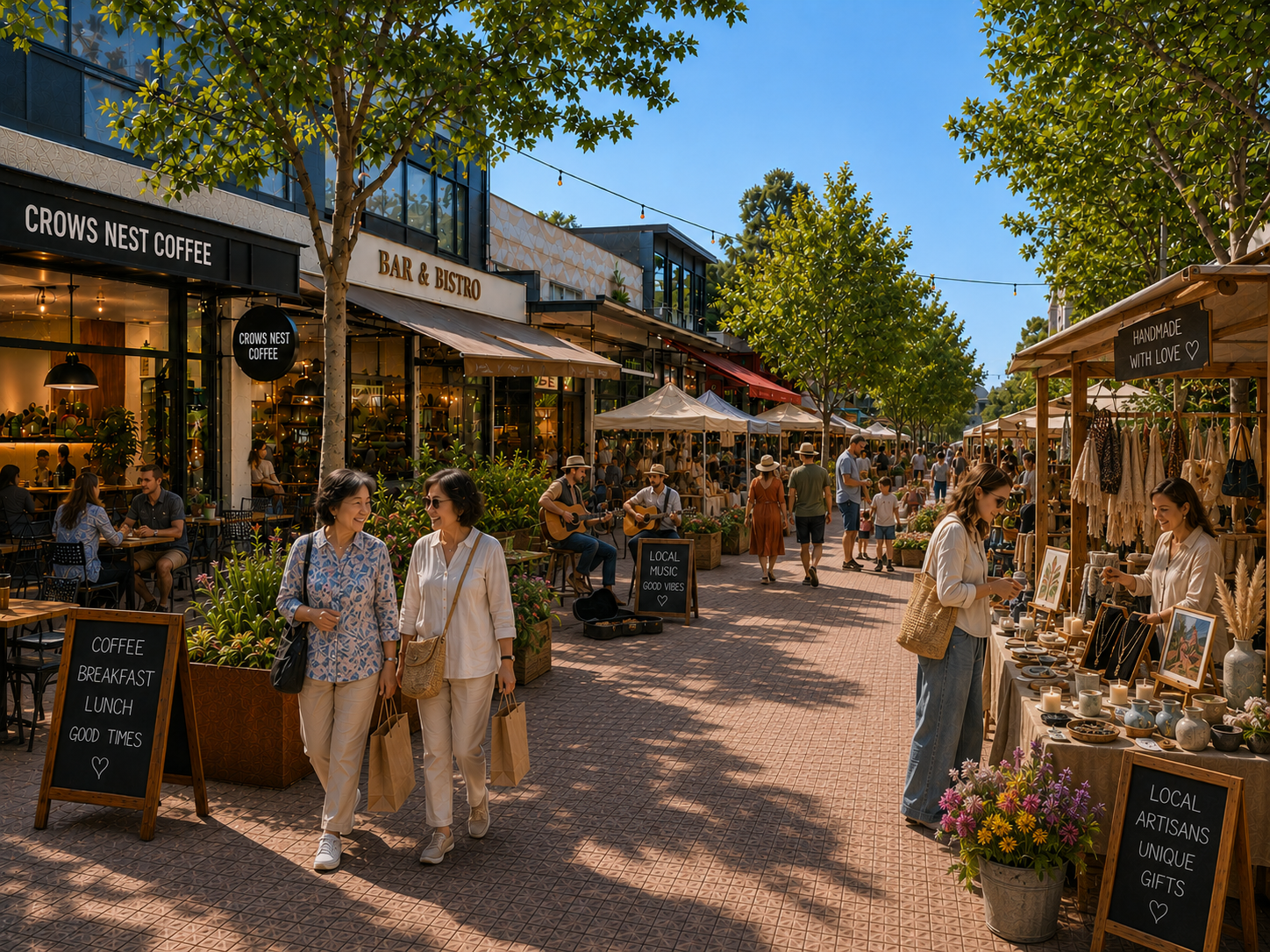 Willoughby Road as Crows Nest Place — a lively market day with stalls, live music, cafes and shoppers